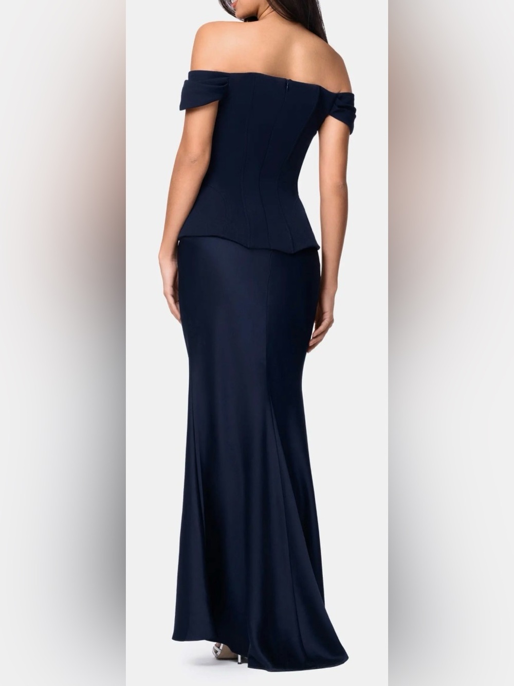 NEW Betsy & Adam Off the Shoulder Mixed Media Satin Navy Gown Sz 12 - Picture 2 of 8